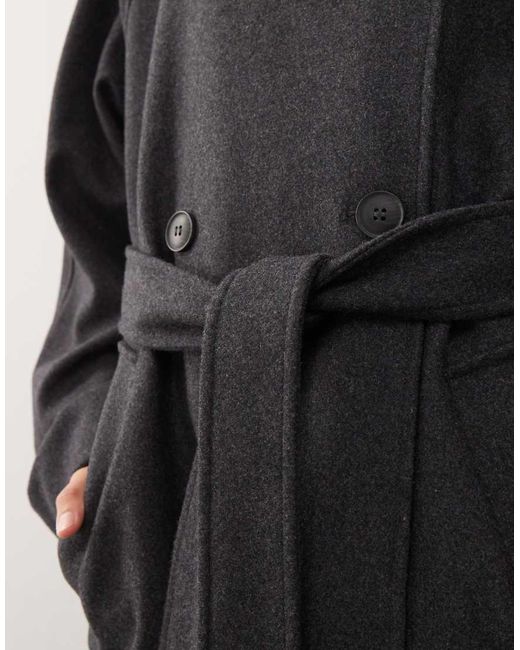 Weekday Black Kia Wool Blend Oversized Coat With Double Button And Tie Waist Detail