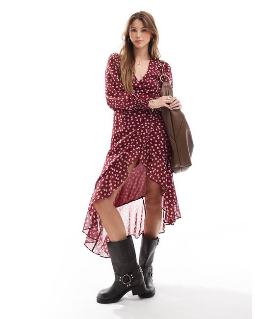 Wednesday's Girl Red Boho Floral Wrap Midi Dress