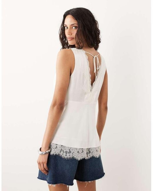 Abercrombie & Fitch White Longline Lace Hem Detail V Front Cami Top