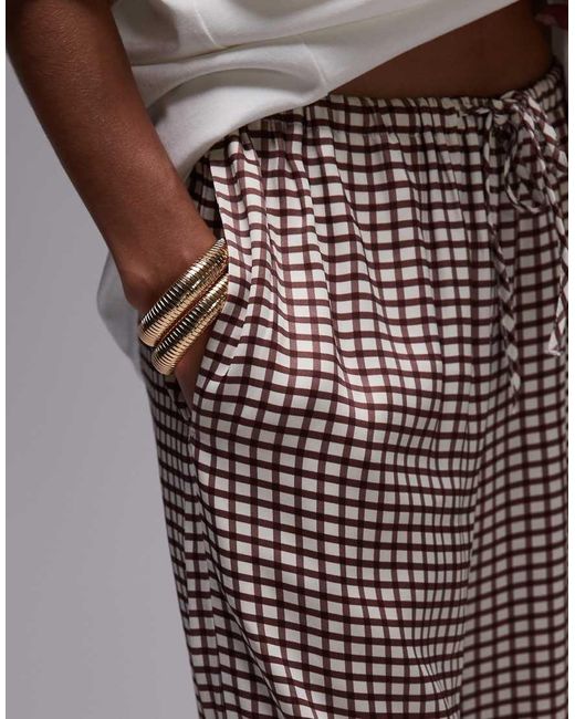 TOPSHOP Brown Co Ord Satin Drawcord Wide Leg Check Trouser