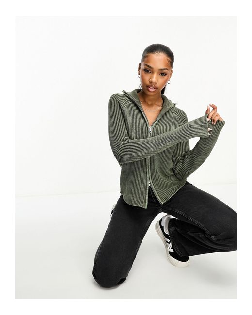 Monki Green Ribbed Knitted Two Way Zip Cardigan