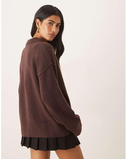 ASOS Brown Knitted Collar Shirt Cardigan With Seam Detail