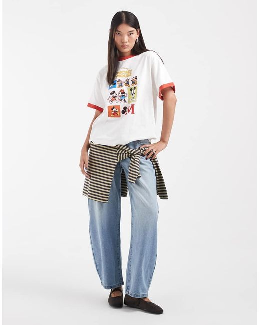 ASOS White Disney Oversized Slub Ringer T-Shirt With Mickey Mouse Chart Print