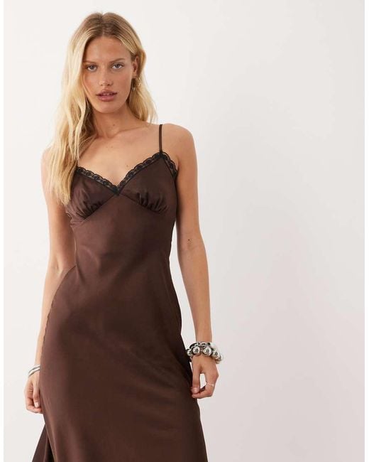 New Look Natural Lace Trim Strappy Satin Midi Dress