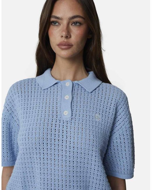 Good For Nothing Blue Cropped Pointelle Knit Polo Shirt