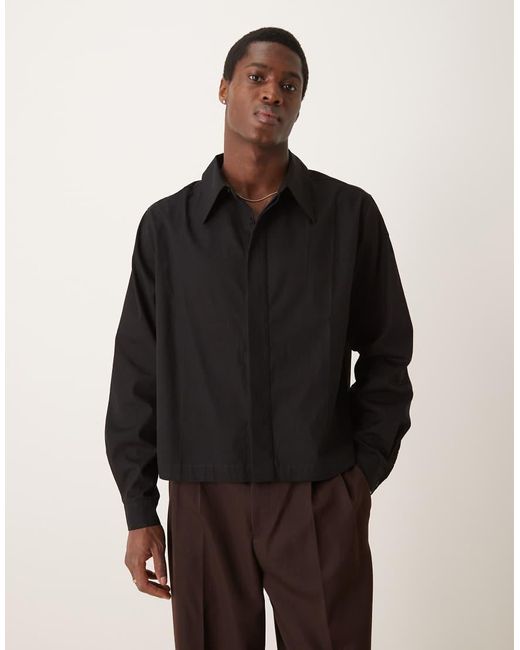 ASOS Black Boxy Cropped 70s Collar Poplin Shirt for men
