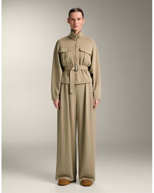 Oysho Natural Soft-Touch Modal Wide-Leg Trousers With Pleat Waist Detail