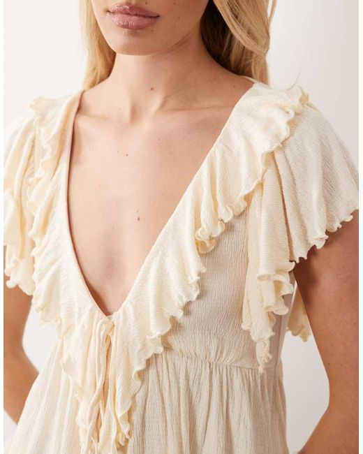 ASOS Natural Crinkle Plunge Ruffle Flutter Sleeve Top