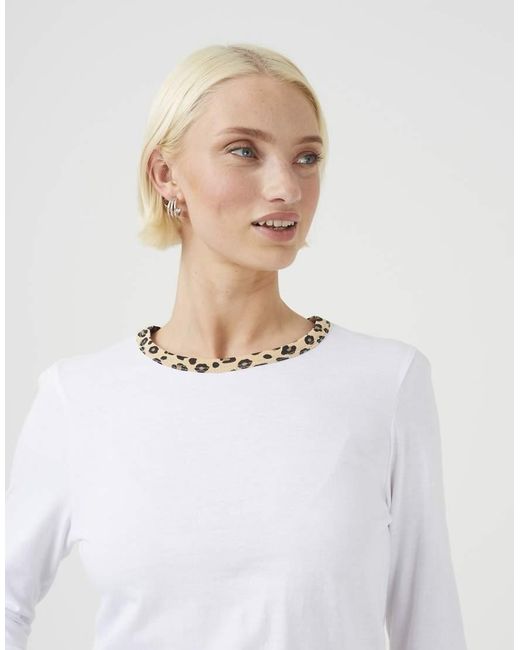 Brave Soul White Long Sleeve Contrast Print Neck Detail Top
