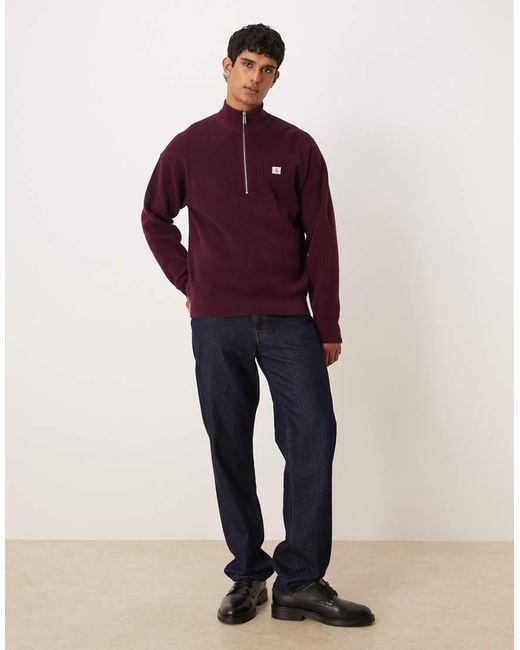 Calvin Klein Red Waffle Quarter Zip Jumper for men