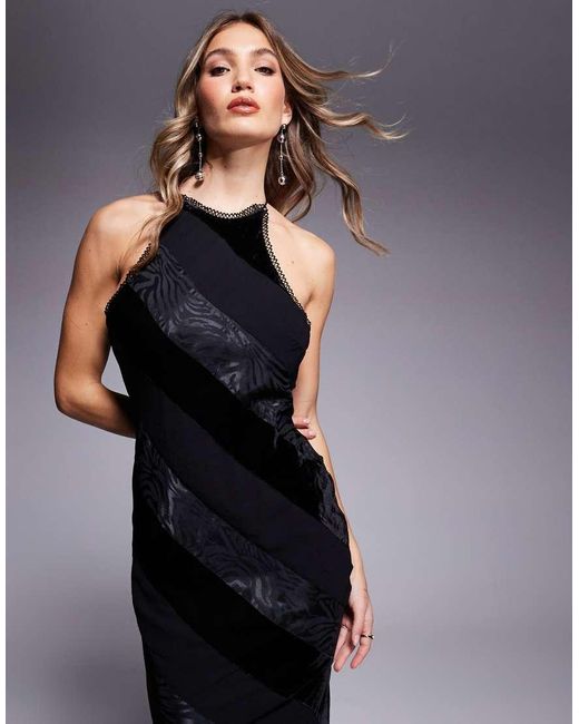 ASOS Blue Racer Neck Velvet Paneled Maxi Dress With Flares