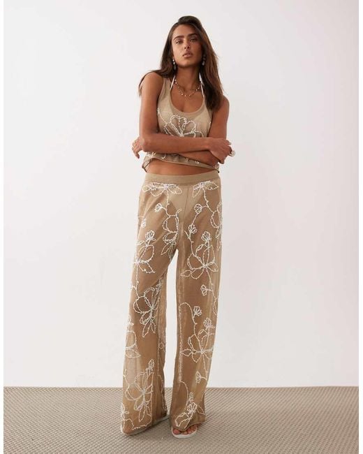 Miss Selfridge Natural Beach Premium Sheer Knit Embroidered Wide Leg Pants