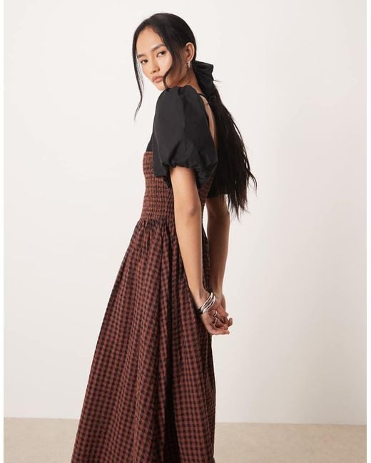ASOS Brown Shirred Bodice Maxi Dress With Puff Sleeve
