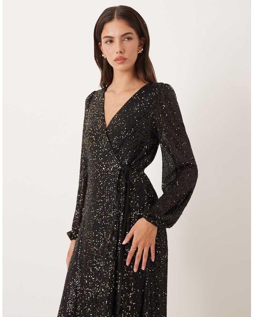 Lovedrobe Natural Sequin Faux Wrap Long Sleeve Midi Dress
