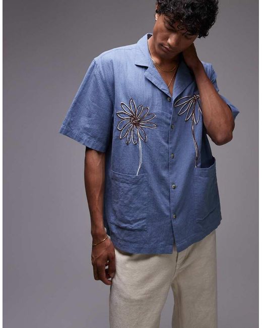 Topman Blue Floral Roped Embroidery Shirt for men