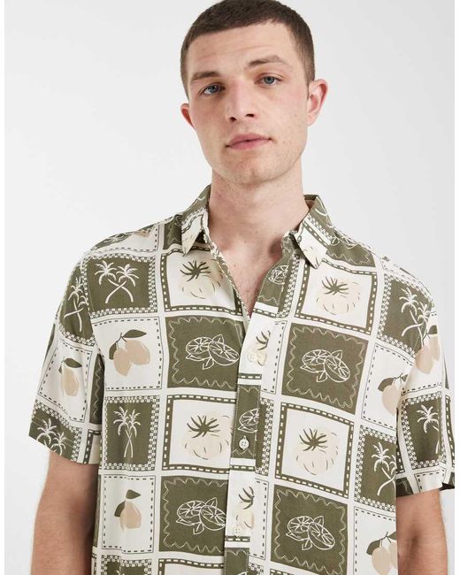 Camicia Estiva Vestibilità Classica Oliva Polvere Con Stampa Patchwork di Blend in Brown da Uomo