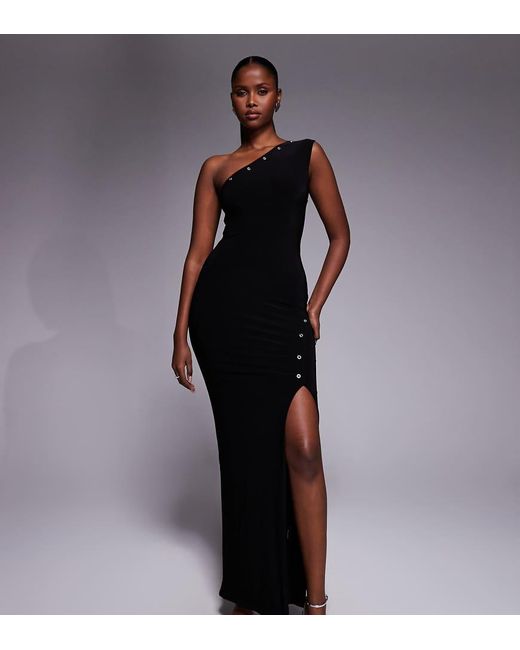 Kaiia Black Exclusive Double Layered Slinky One Shoulder Eyelet Detail Thigh Split Maxi Dress