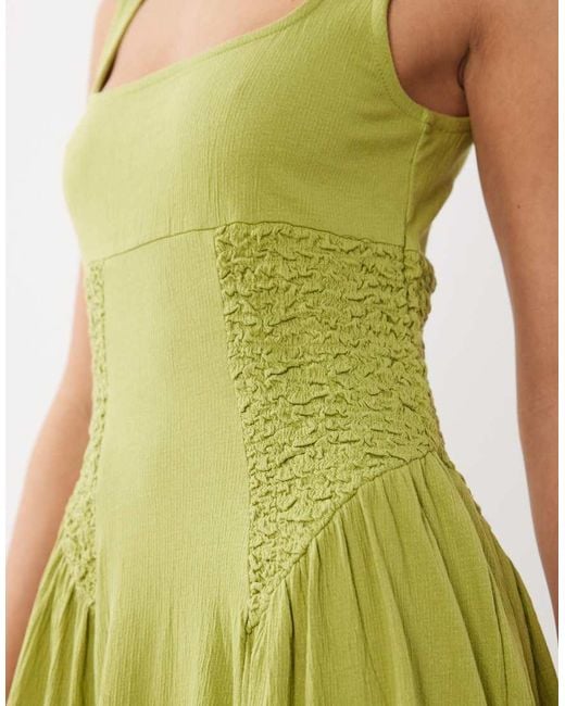 ASOS Green Crinkle Square Neck Panel Detail Midi Dress