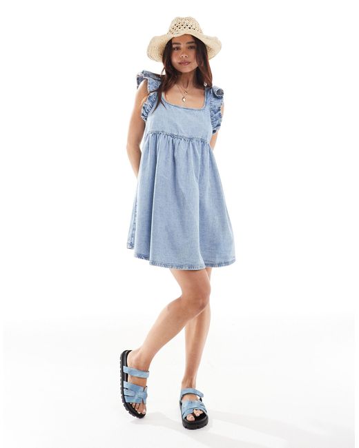 ASOS Blue Soft Denim Smock Mini Dress With Bow Back