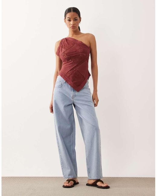 ASOS Red Crinkle Lace Mix One Shoulder Asymmetric Top