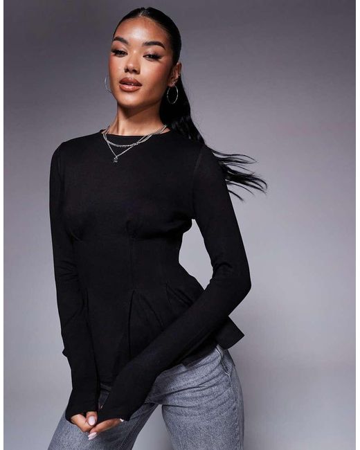ASOS Blue Ponte Dart Waist Detail Long Sleeve Top