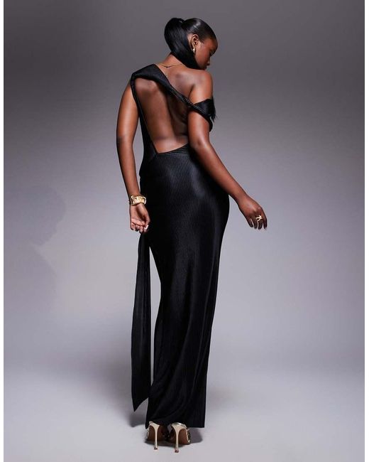 ASOS Blue Twist Fallen Shoulder With Ruching Drape Detail Plisse Maxi Dress