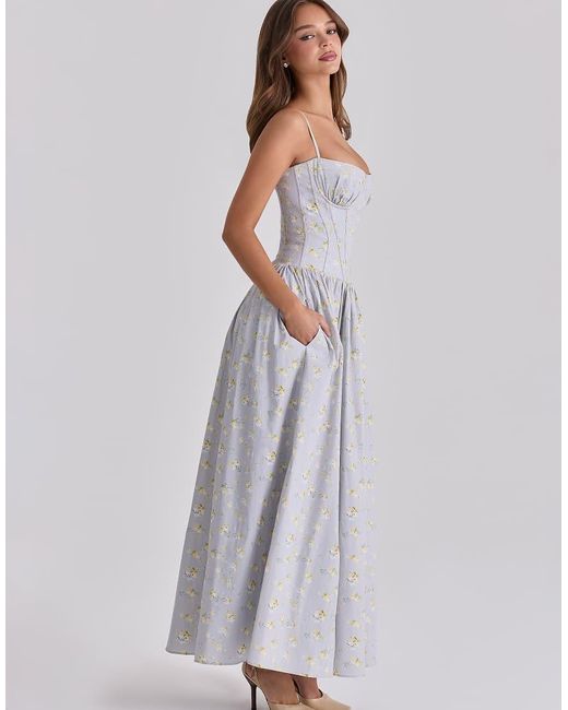 House Of Cb Purple Rona Wildflower Print Cotton Lace Up Maxi Dress