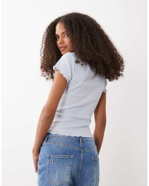Miss Selfridge Blue Square Neck Lace Trim Short Sleeve Top
