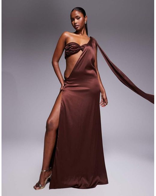 The Dolls House Brown Anthia Asymmetric Satin Maxi Dress