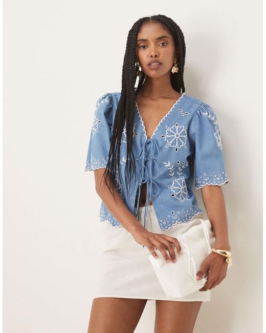 Nobody's Child Blue Tie-detail Embroidered Denim Top