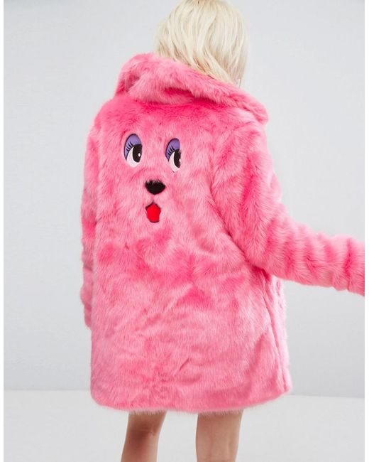 Lazy Oaf Pink Oversized Faux Fur Coat Coat With Bear Embroidery