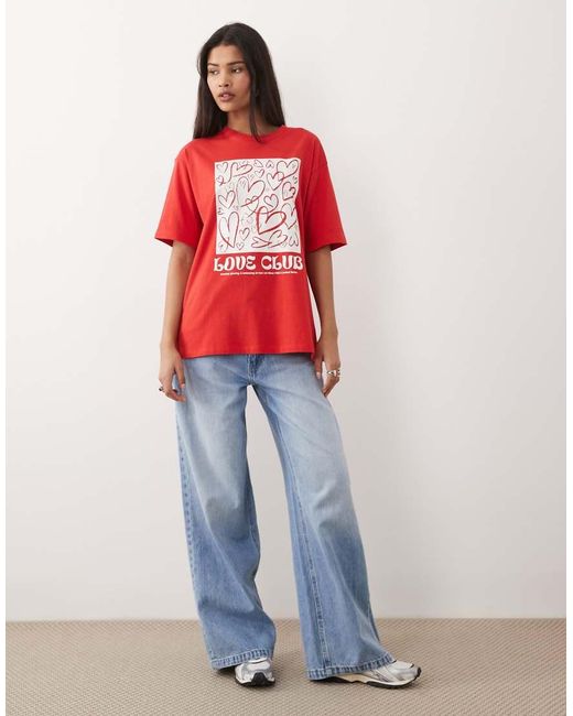 JJXX Red Oversized T-Shirt With Heart Print