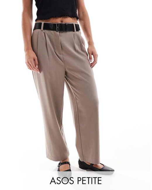 ASOS Gray Asos Design Petite Tailored Wide Leg Paper Bag Pants With Belt Trim