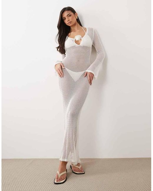 South Beach Natural Long Sleeve Crochet Maxi Dress