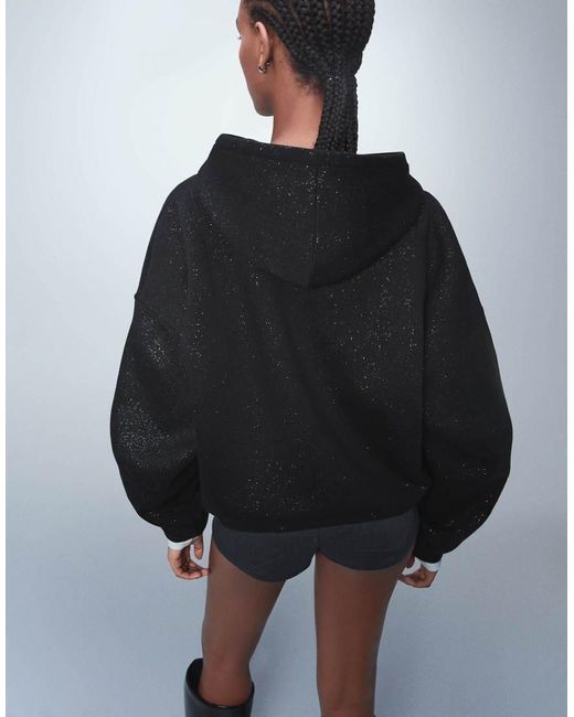Bershka Black Glitter Hood Sweatshirt