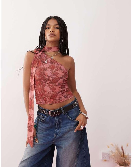Reclaimed Vintage Red One Shoulder Scarf Top