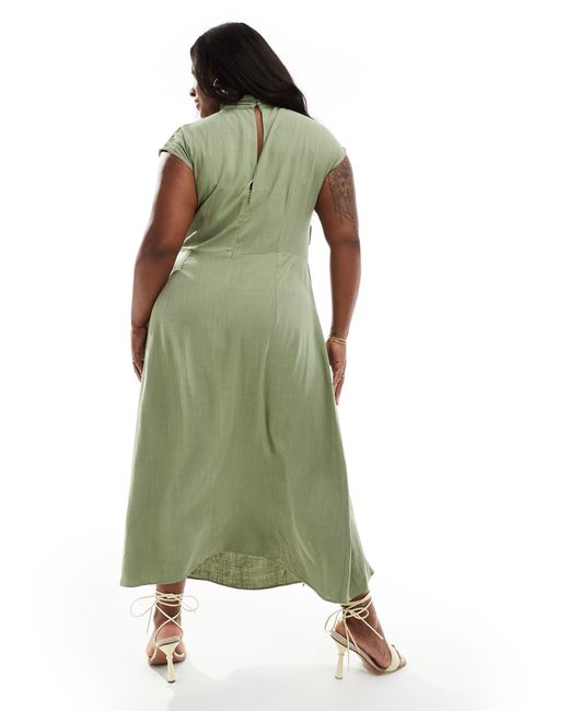 Asos design curve - robe mi-longue en lin à col montant et mancherons - kaki ASOS en coloris Green
