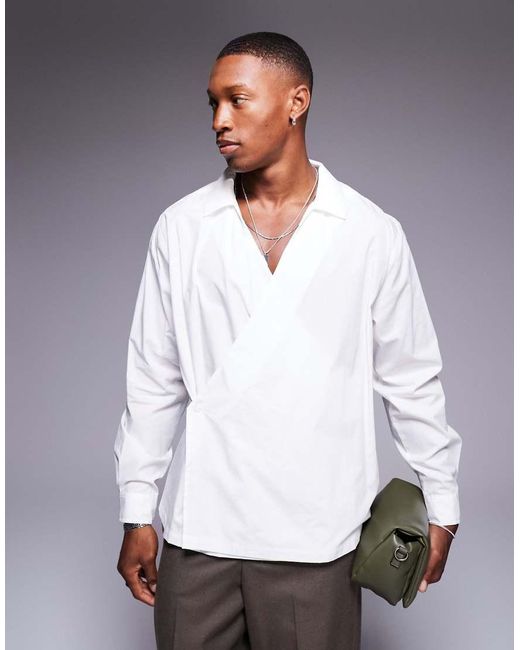 ASOS White Long Sleeve Wrap Shirt for men