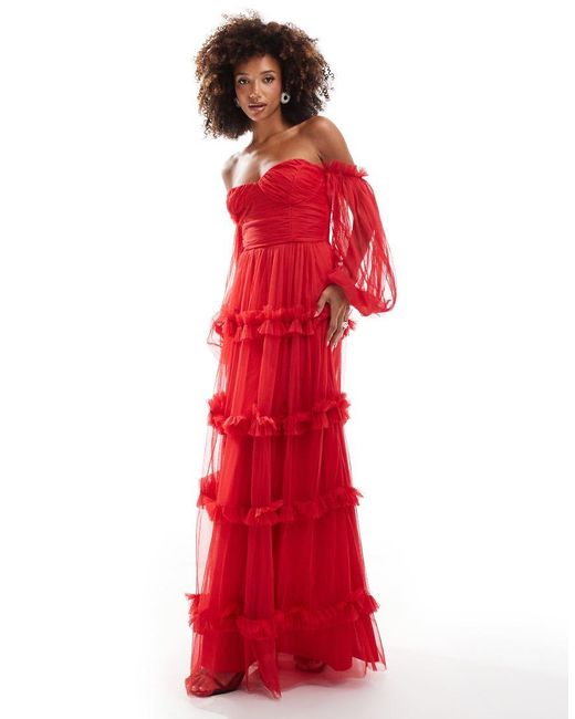 LACE & BEADS Red Sheer Sleeve Tulle Ruffle Maxi Dress