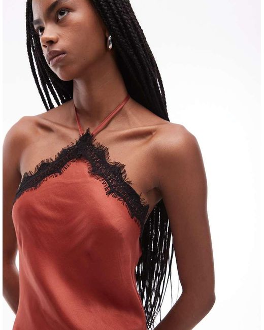 ASOS Red Halter Neck Satin Slip Maxi Dress With Lace Trim