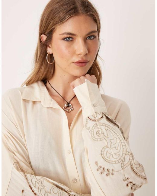 ASOS Natural Blake Broderie Linen Blend Oversized Beach Cover Up Shirt