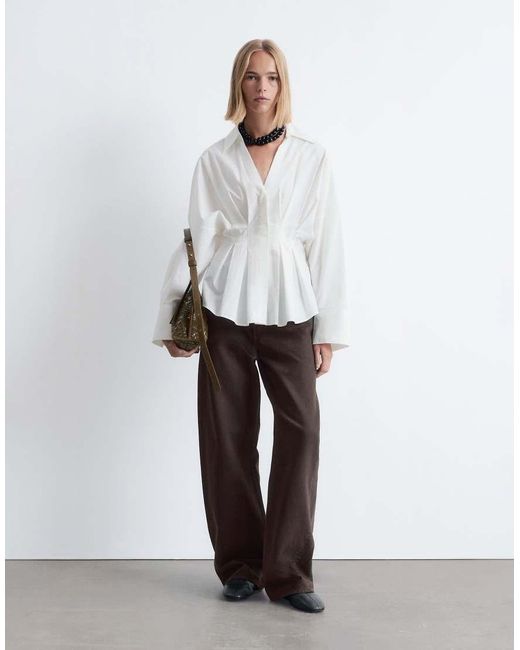 & Other Stories White Shirt With Cinch Waist And Volume Sleeves