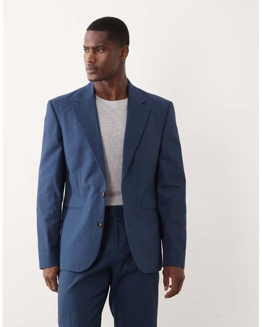 ASOS Blue 100% Cotton Linen Look Slim Suit Jacket for men