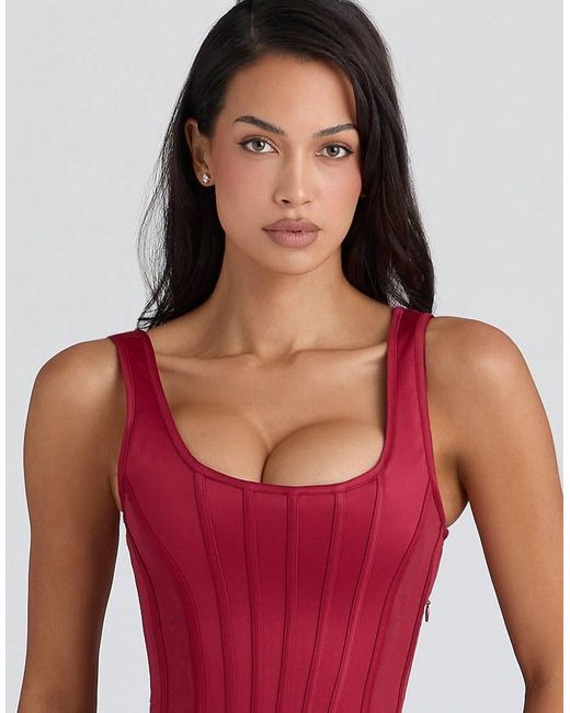 House Of Cb Red Kira Satin Corset Maxi Dress
