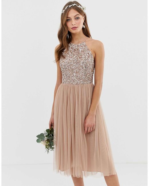 Maya Brown Bridesmaid Halter Neck Midi Tulle Dress With Tonal Delicate Sequins