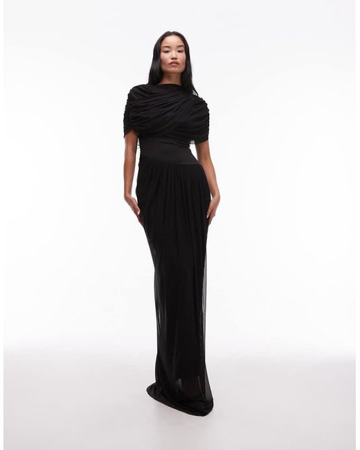 HEIRESS BEVERLY HILLS Black Mesh Overlay Drape Detail Asymmetric Drop Waist Maxi Dress