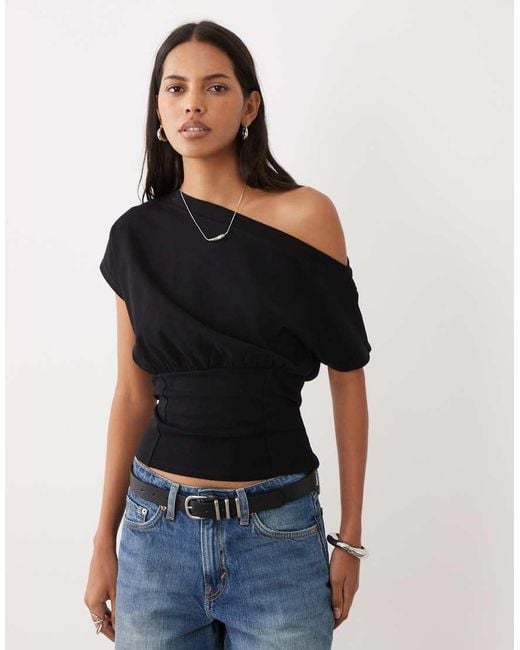 ASOS Black Fallen Shoulder With Cinched Waist Top