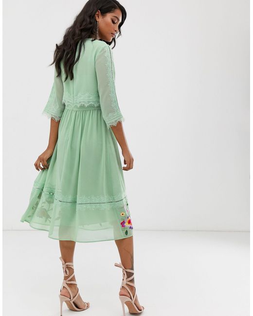 asos design double layer midi embroidered dress with long sleeves