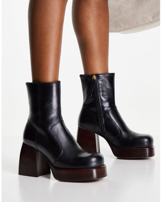 ASOS Black Rowan Premium Leather Platform Heeled Boots