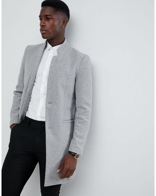 Only & Sons Gray Overcoat With Stand Up Collar for men